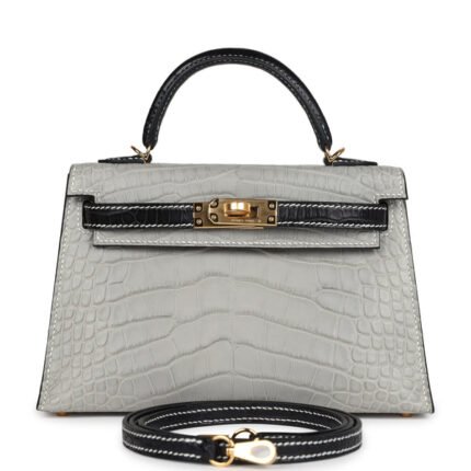 Hermes Special Order (HSS) Kelly Sellier 20 Gris Perle and Black Matte Alligator Gold Hardware