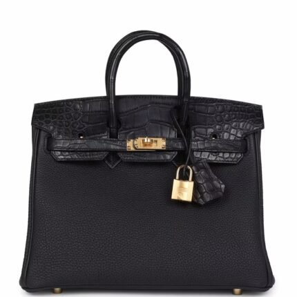 Hermès Birkin 25 Black Alligator & Togo Gold Hardware For Sale